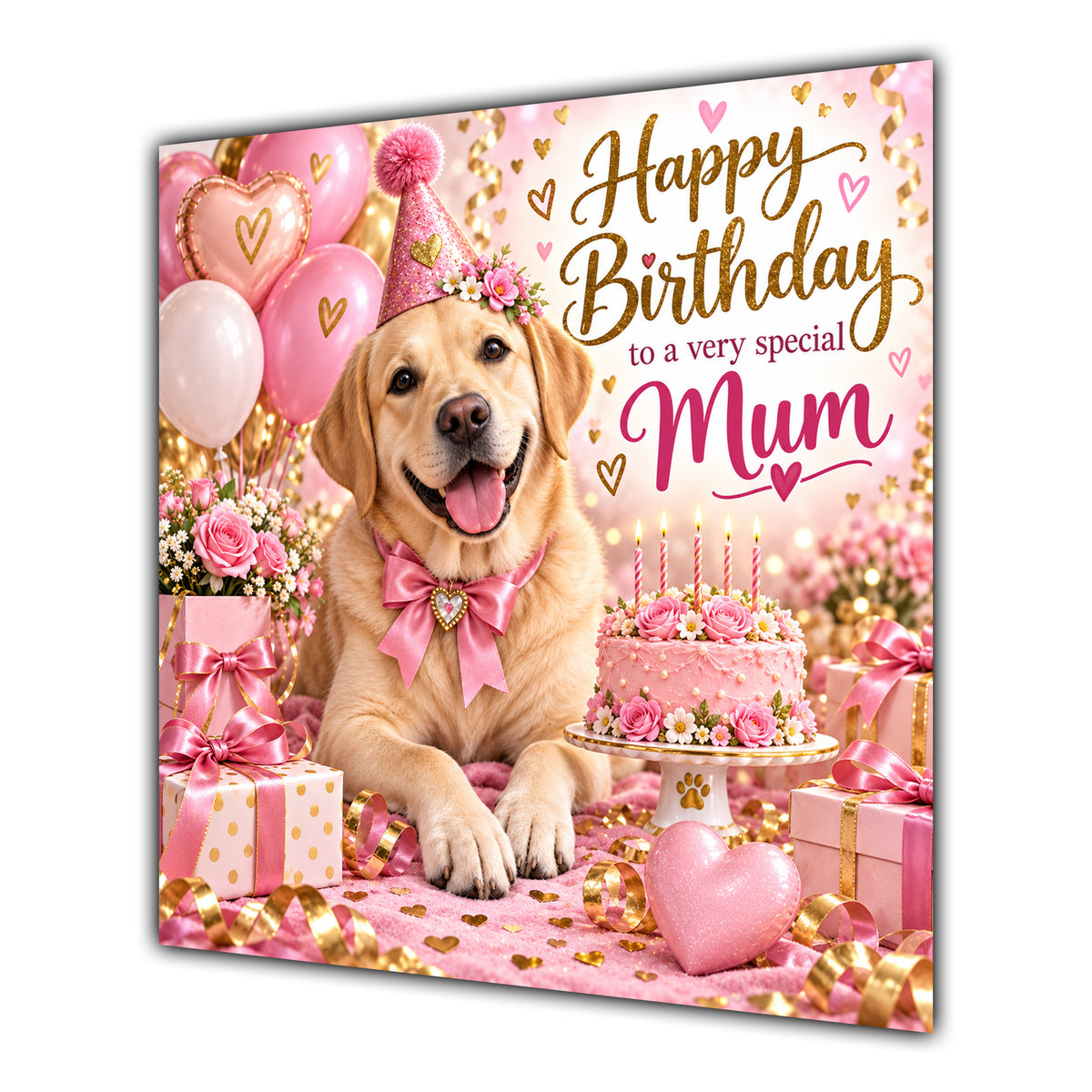 Mum Birthday Card Yellow Labrador Dog Balloons