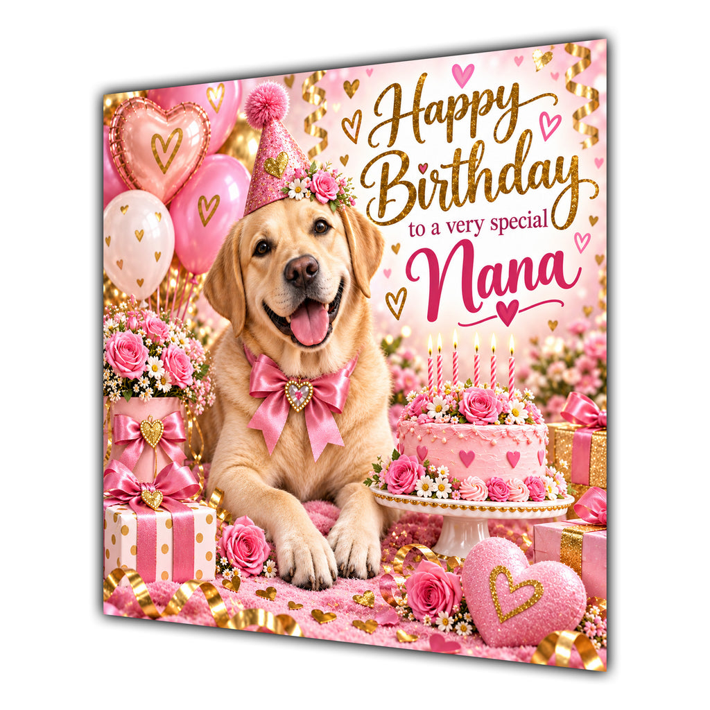 Nana Birthday Card Yellow Labrador Dog Balloons