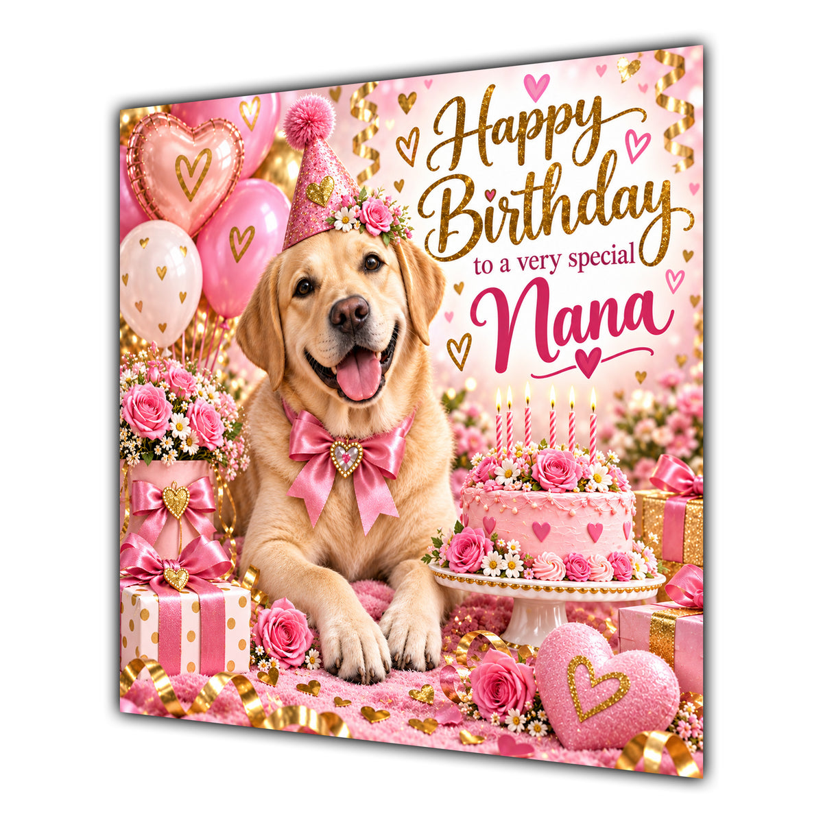 Nana Birthday Card Yellow Labrador Dog Balloons