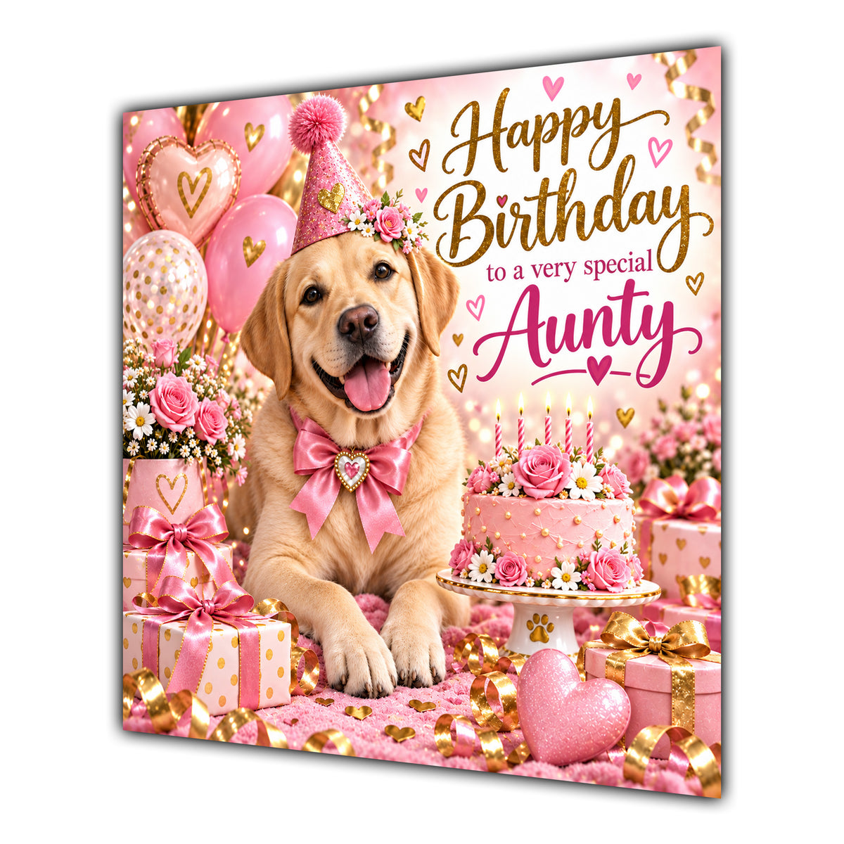 Aunty Birthday Card Yellow Labrador Dog Balloons