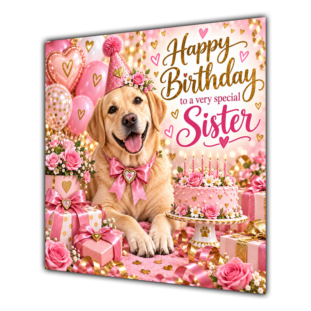 Sister Birthday Card Yellow Labrador Dog Balloons