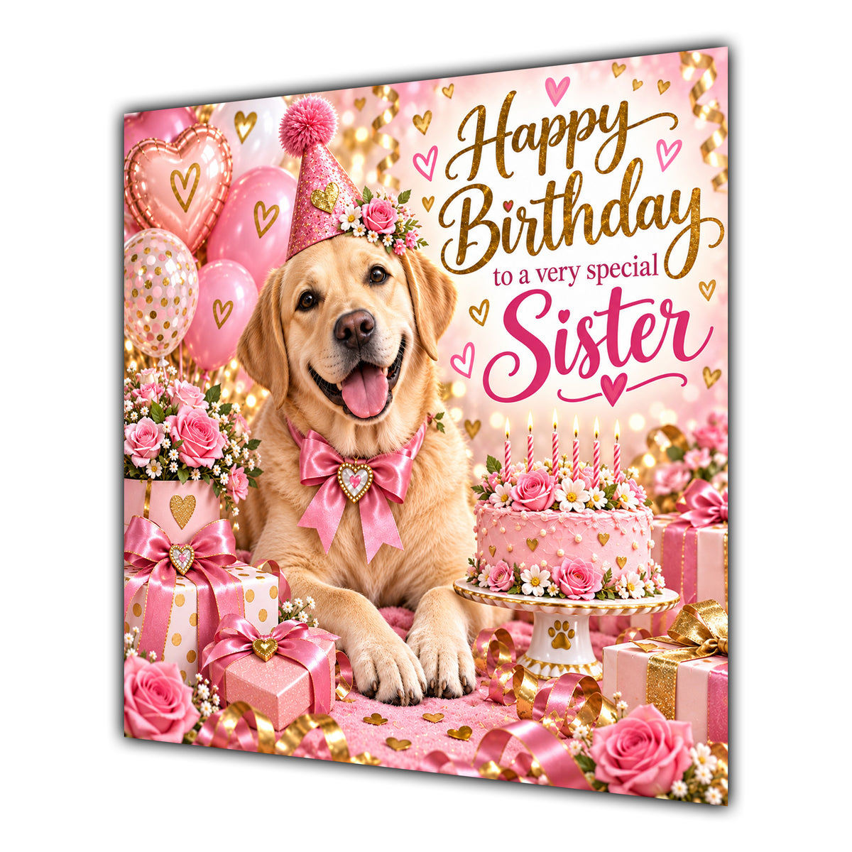 Sister Birthday Card Yellow Labrador Dog Balloons