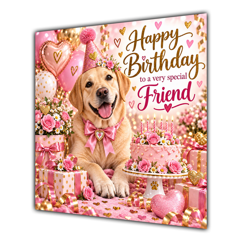 Friend Birthday Card Yellow Labrador Dog Balloons
