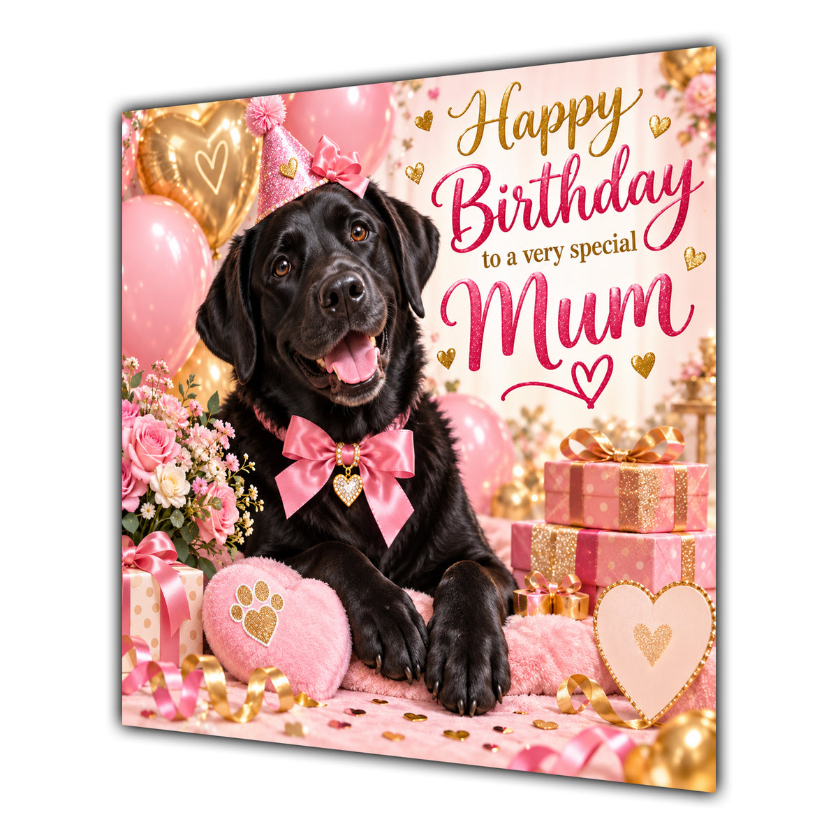 Mum Birthday Card Black Labrador Dog Balloons