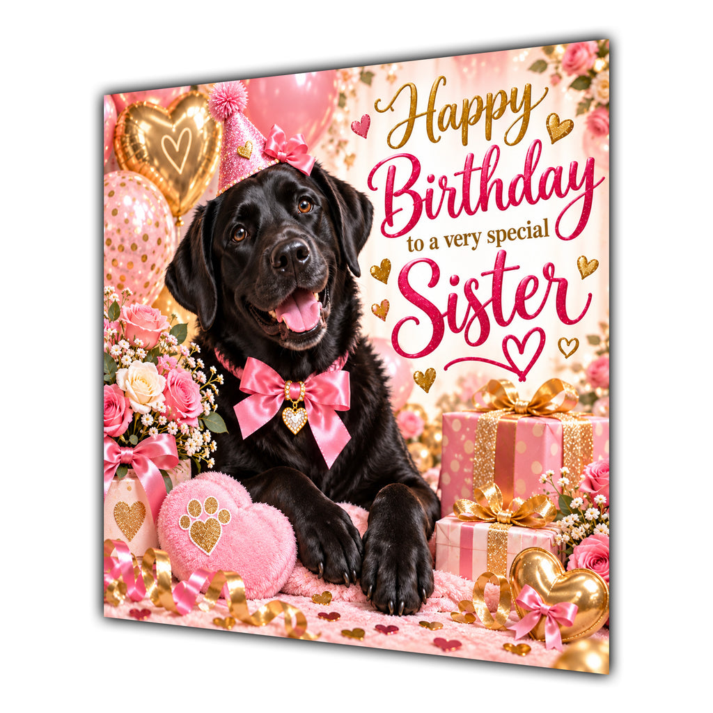 Sister Birthday Card Black Labrador Dog Balloons