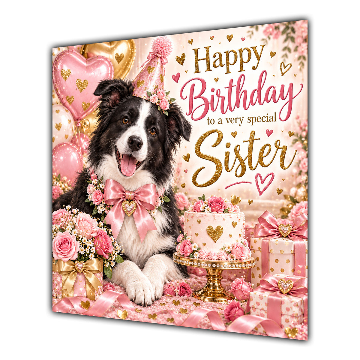 Sister Birthday Card Border Collie Dog Balloons