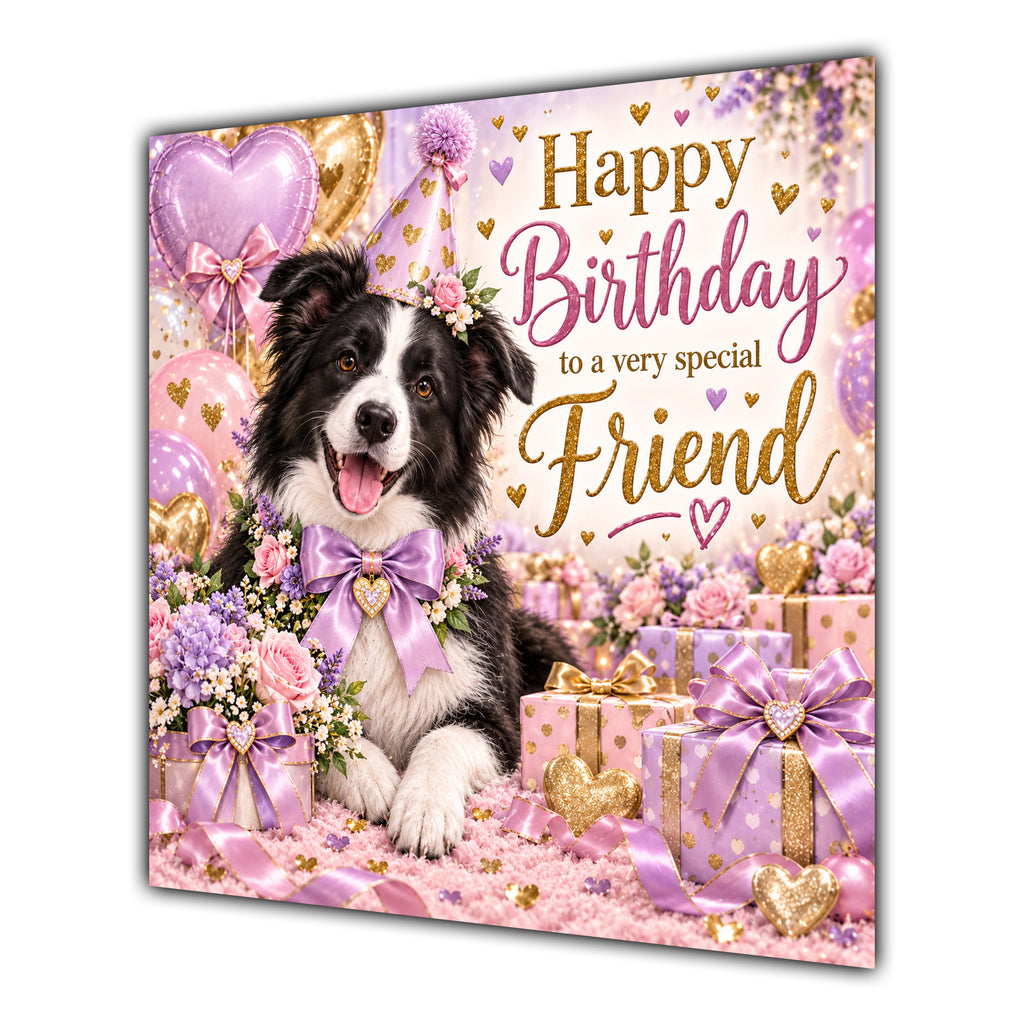 Friend Birthday Card Border Collie Dog Balloons