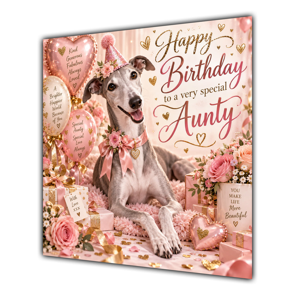 Aunty Birthday Card Whippet Dog Pink Balloons