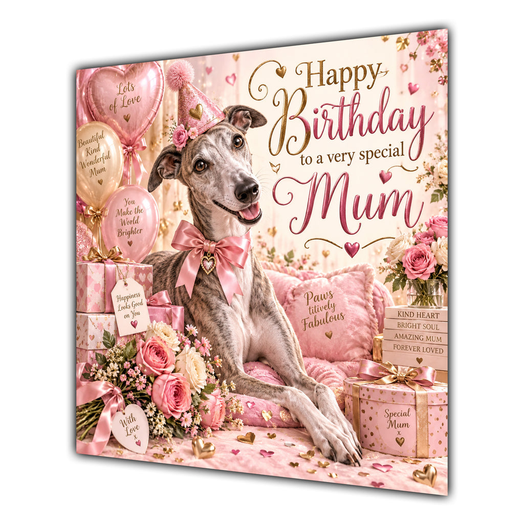 Mum Birthday Card Whippet Dog Pink Balloons