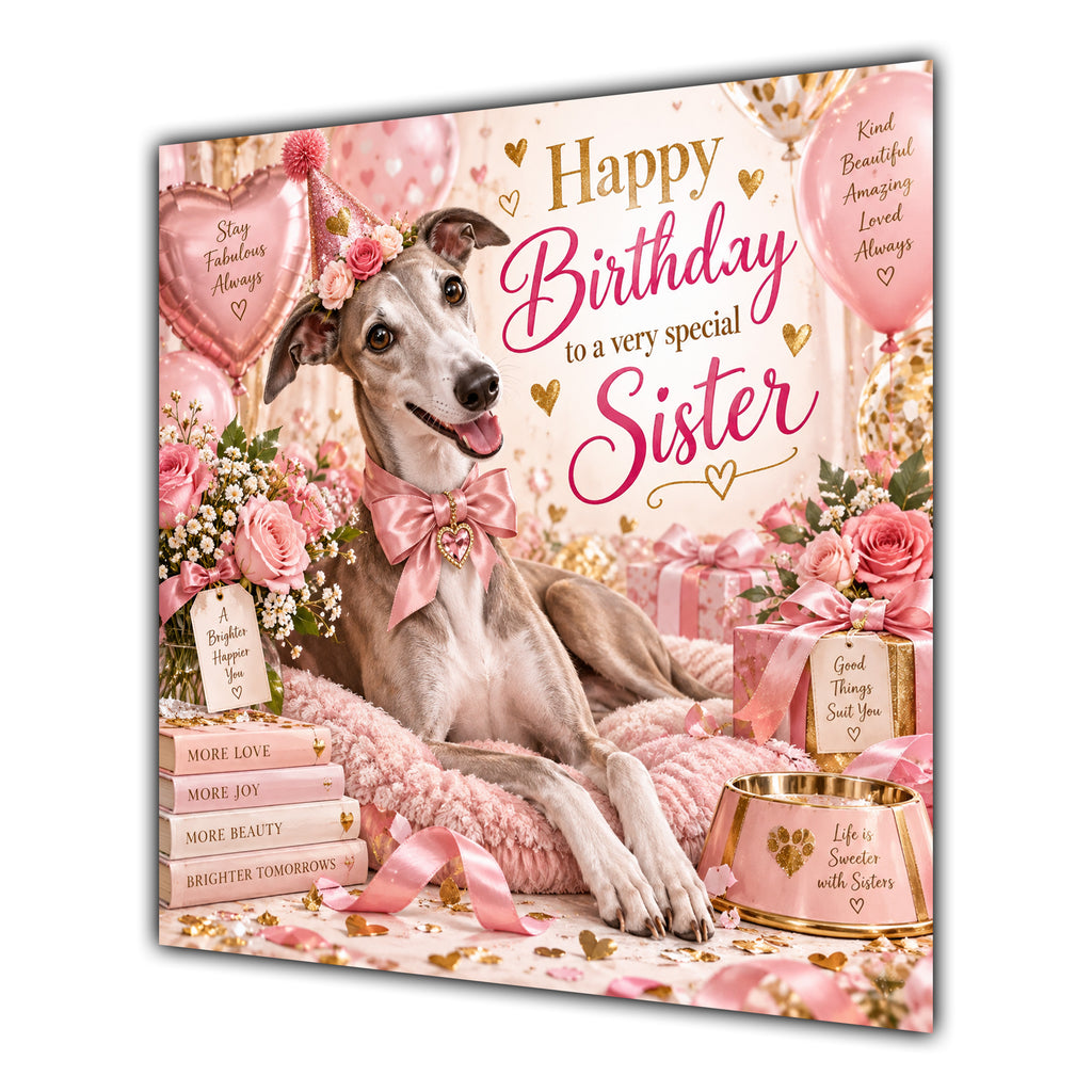 Sister Birthday Card Whippet Dog Pink Balloons