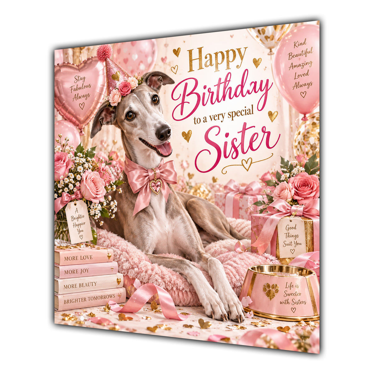 Sister Birthday Card Whippet Dog Pink Balloons