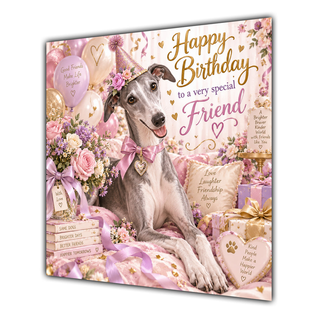 Friend Birthday Card Whippet Dog Pink Balloons