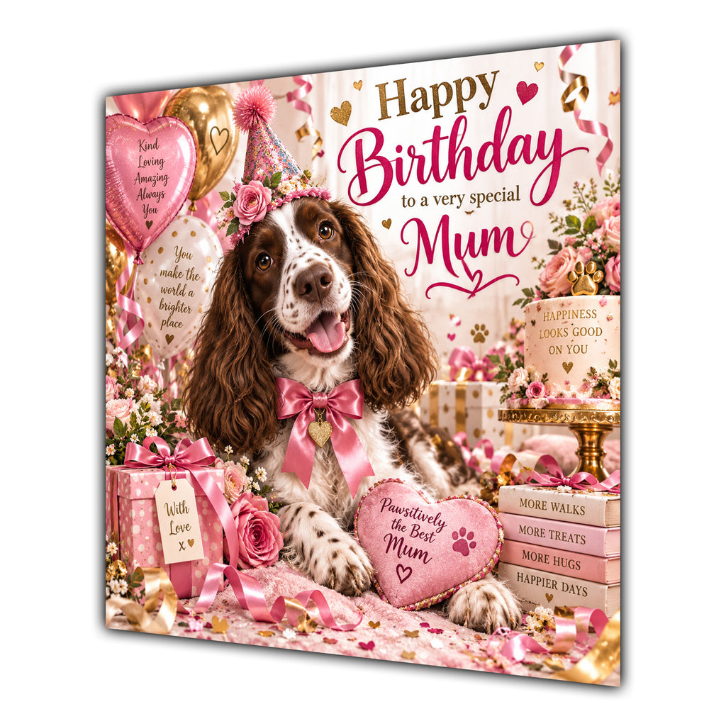 Mum Birthday Card Liver White Springer Spaniel Dog