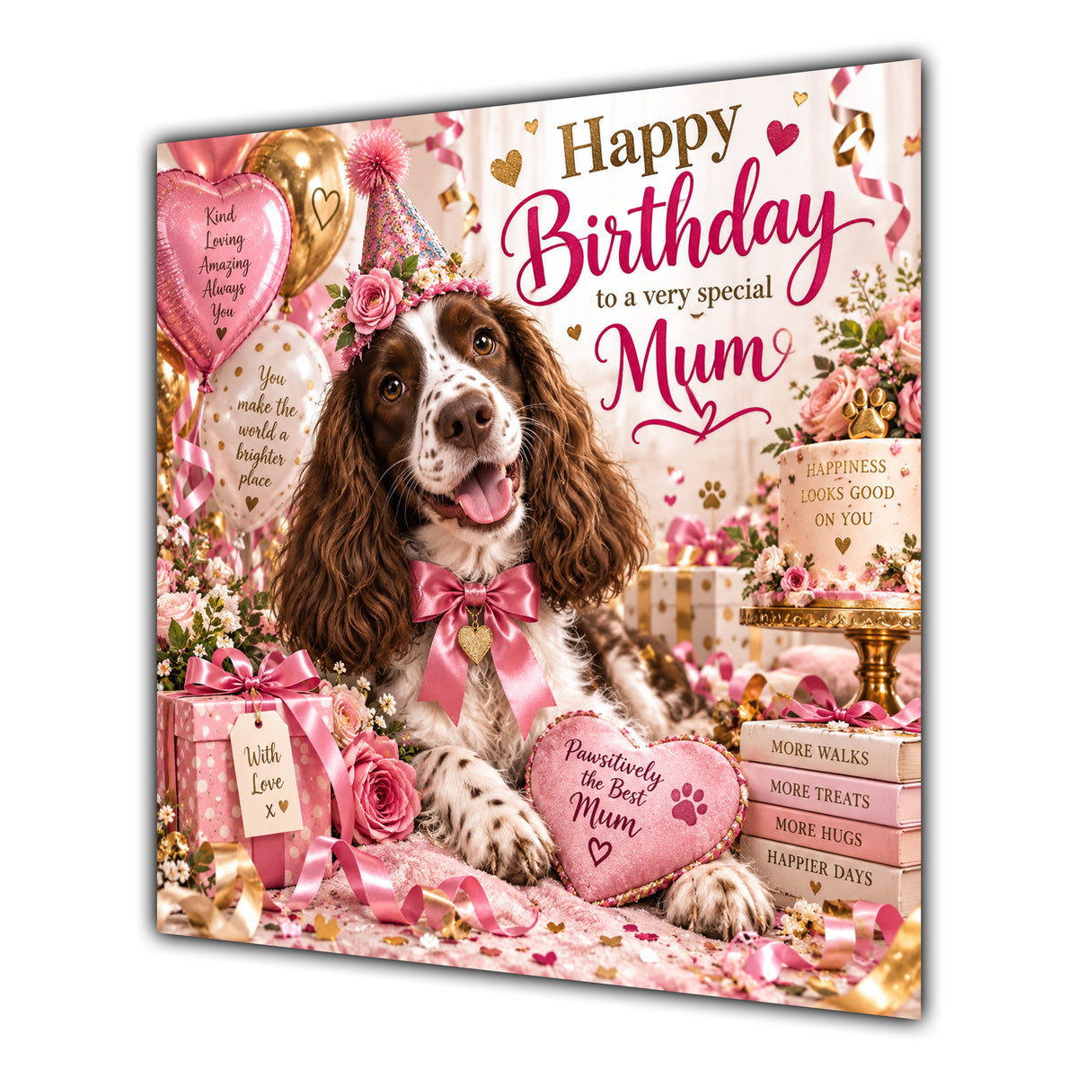 Mum Birthday Card Liver White Springer Spaniel Dog
