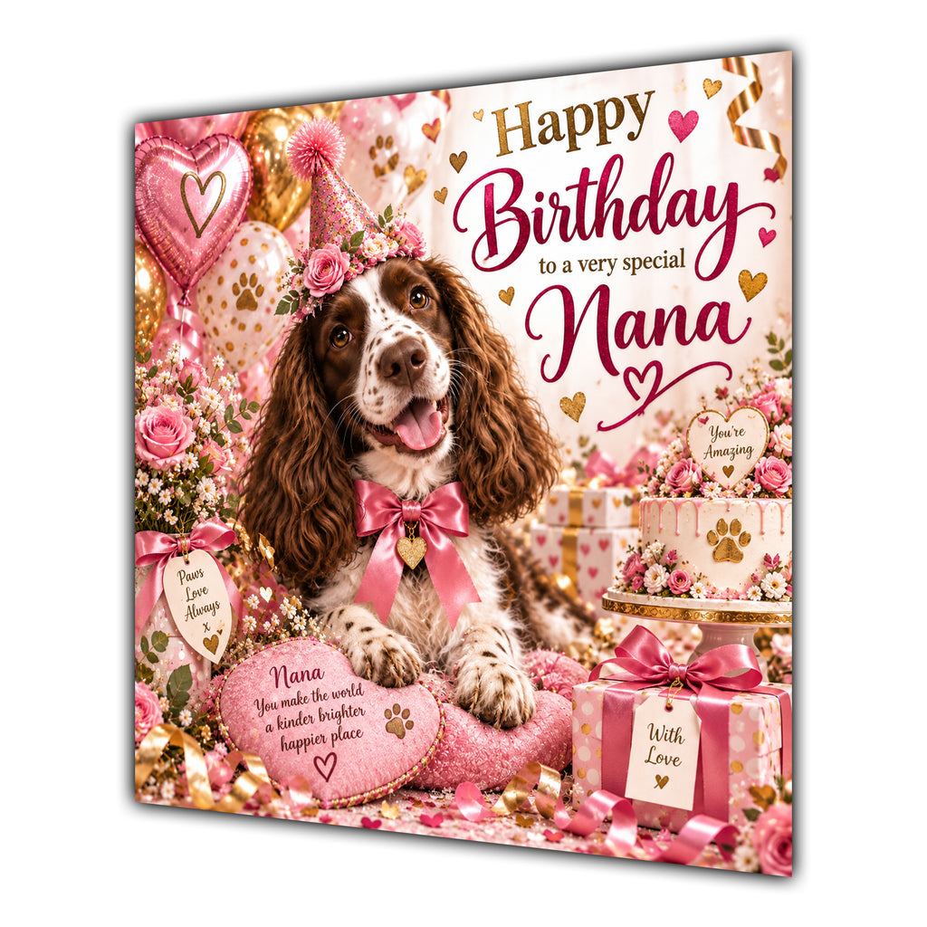 Nana Birthday Card Liver White Springer Spaniel Dog