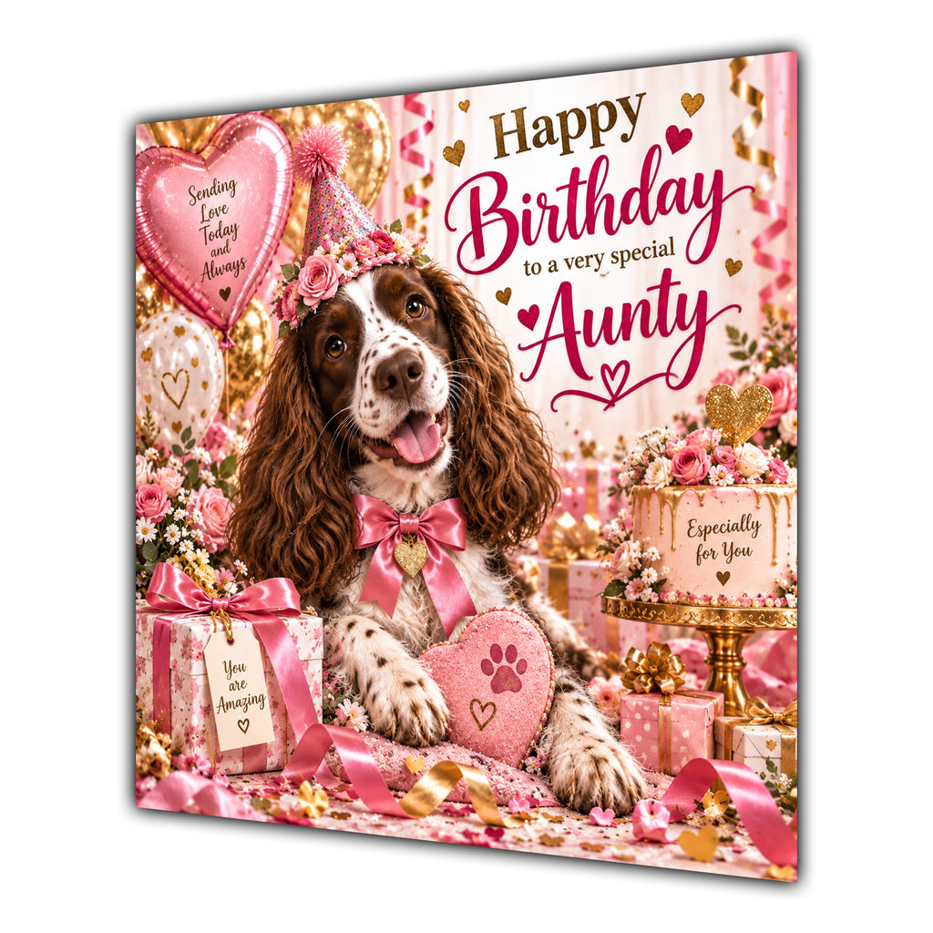 Aunty Birthday Card Liver White Springer Spaniel Dog