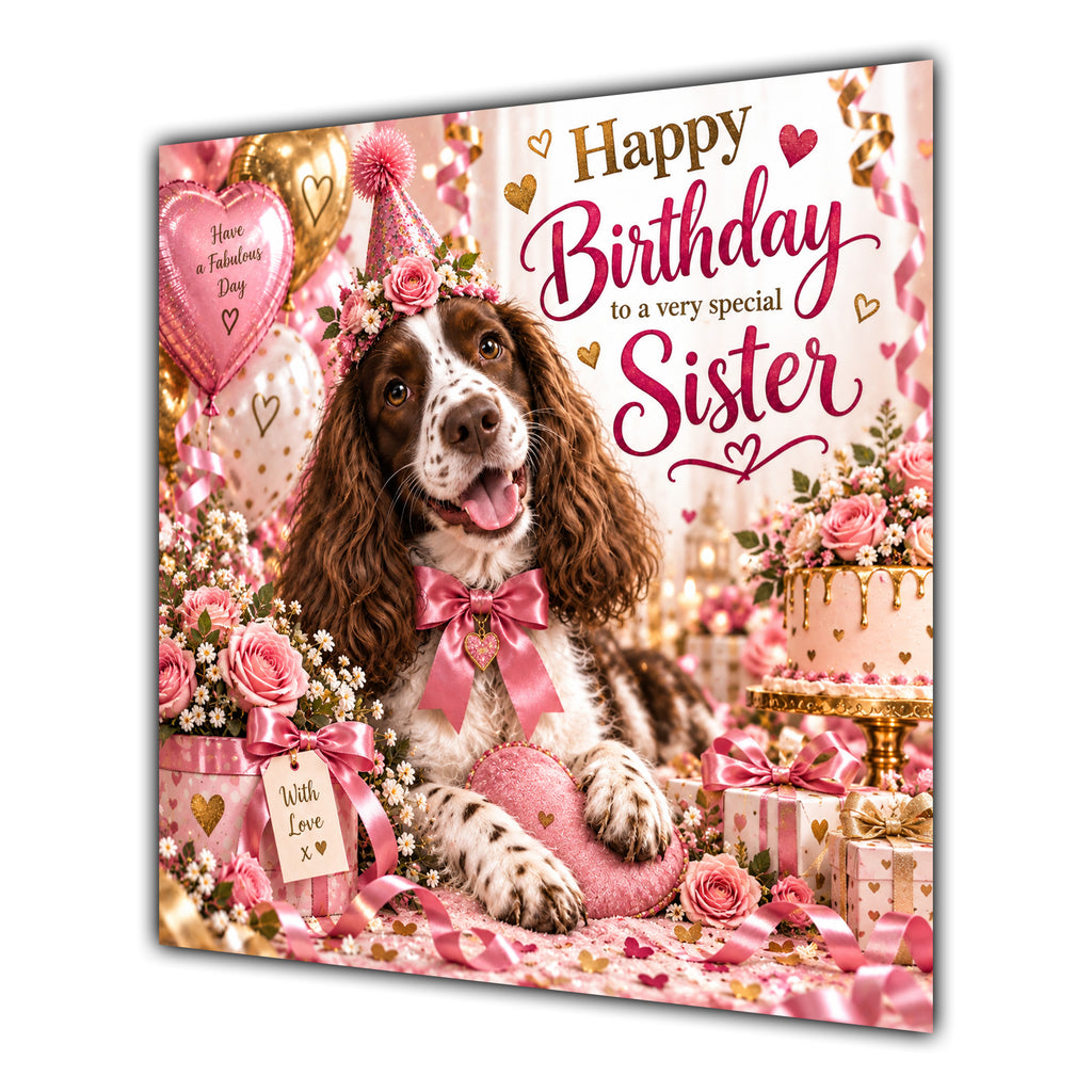 Sister Birthday Card Liver White Springer Spaniel Dog