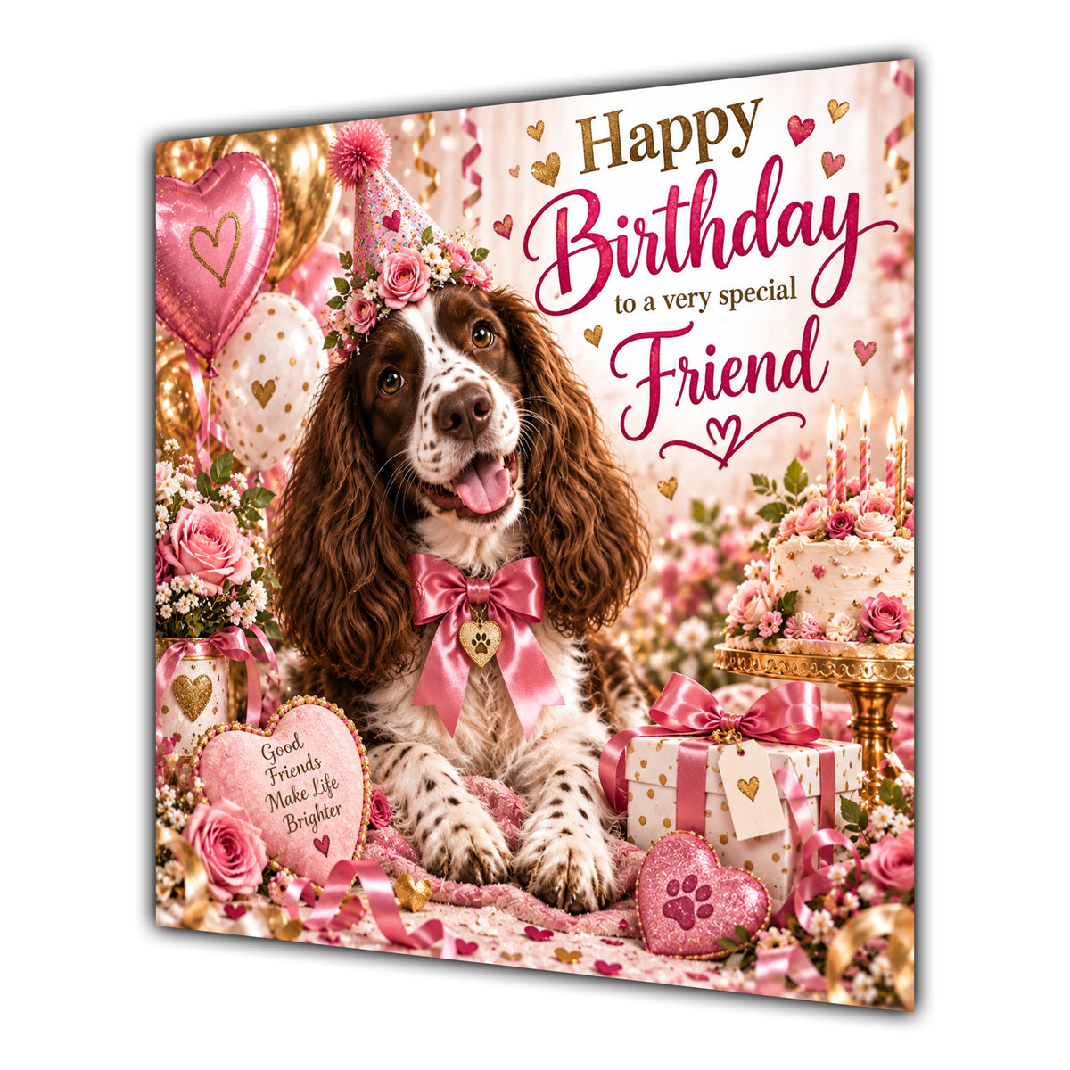 Friend Birthday Card Liver White Springer Spaniel Dog
