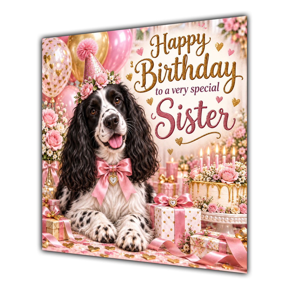 Sister Birthday Card Black White Springer Spaniel Dog
