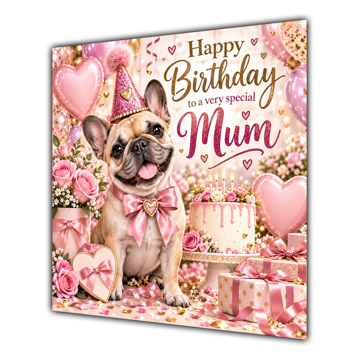 Mum Birthday Card French Bulldog Pink Balloons