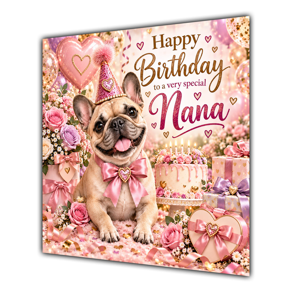 Nana Birthday Card French Bulldog Pink Balloons