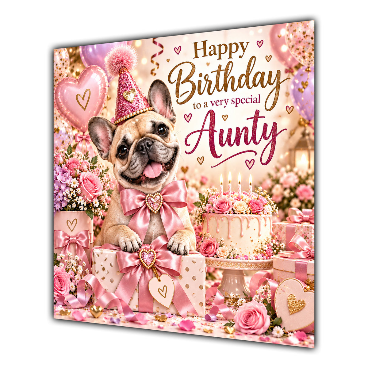 Aunty Birthday Card French Bulldog Pink Balloons
