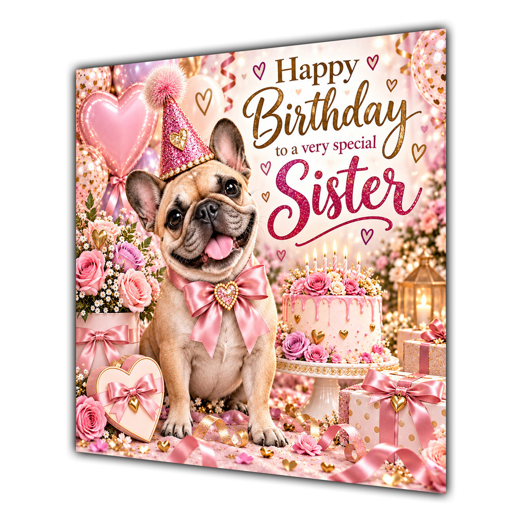 Sister Birthday Card French Bulldog Pink Balloons