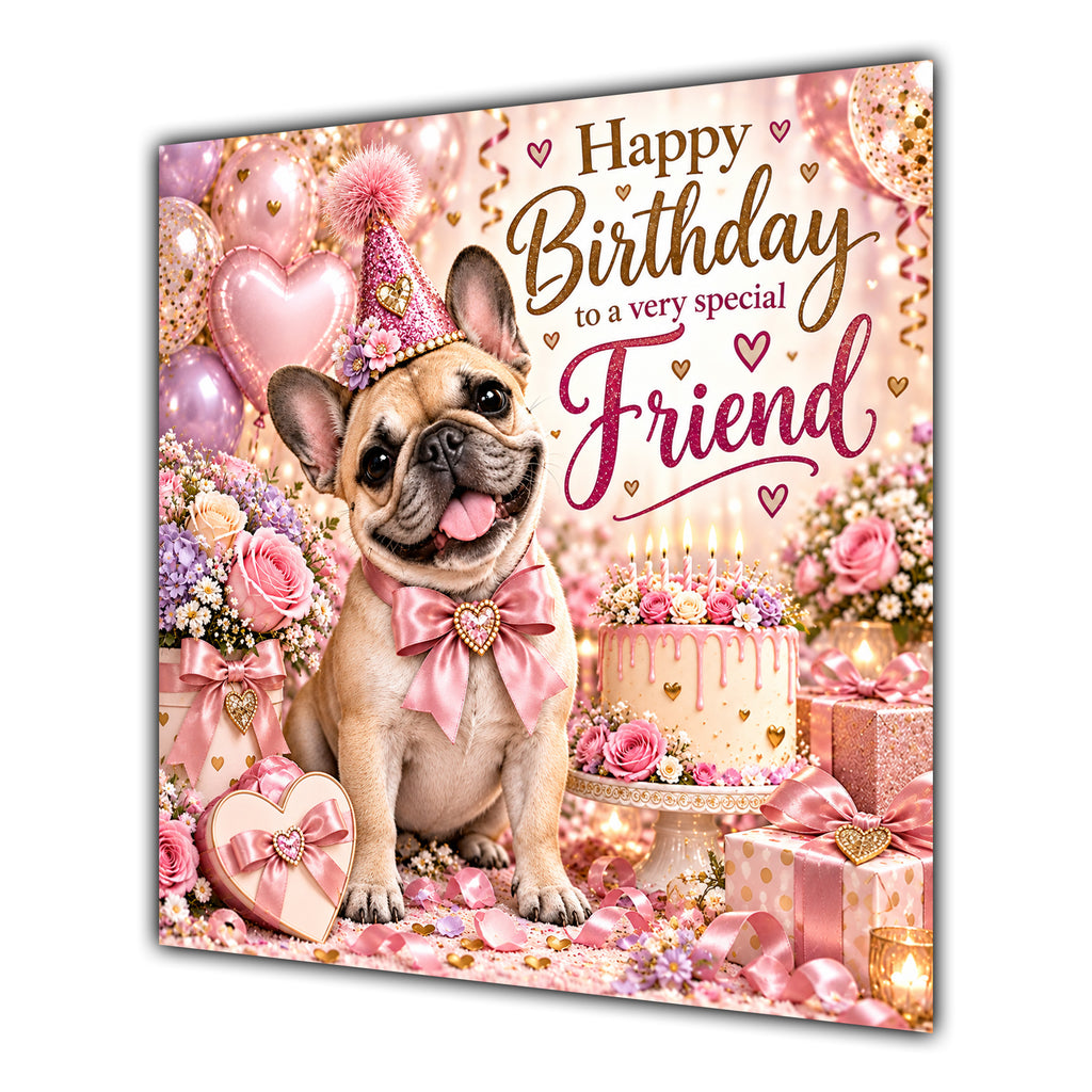 Friend Birthday Card French Bulldog Pink Balloons