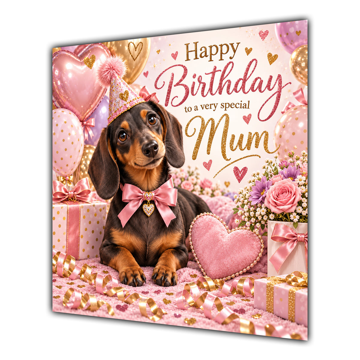 Mum Birthday Card Dachshund Dog Pink Balloons