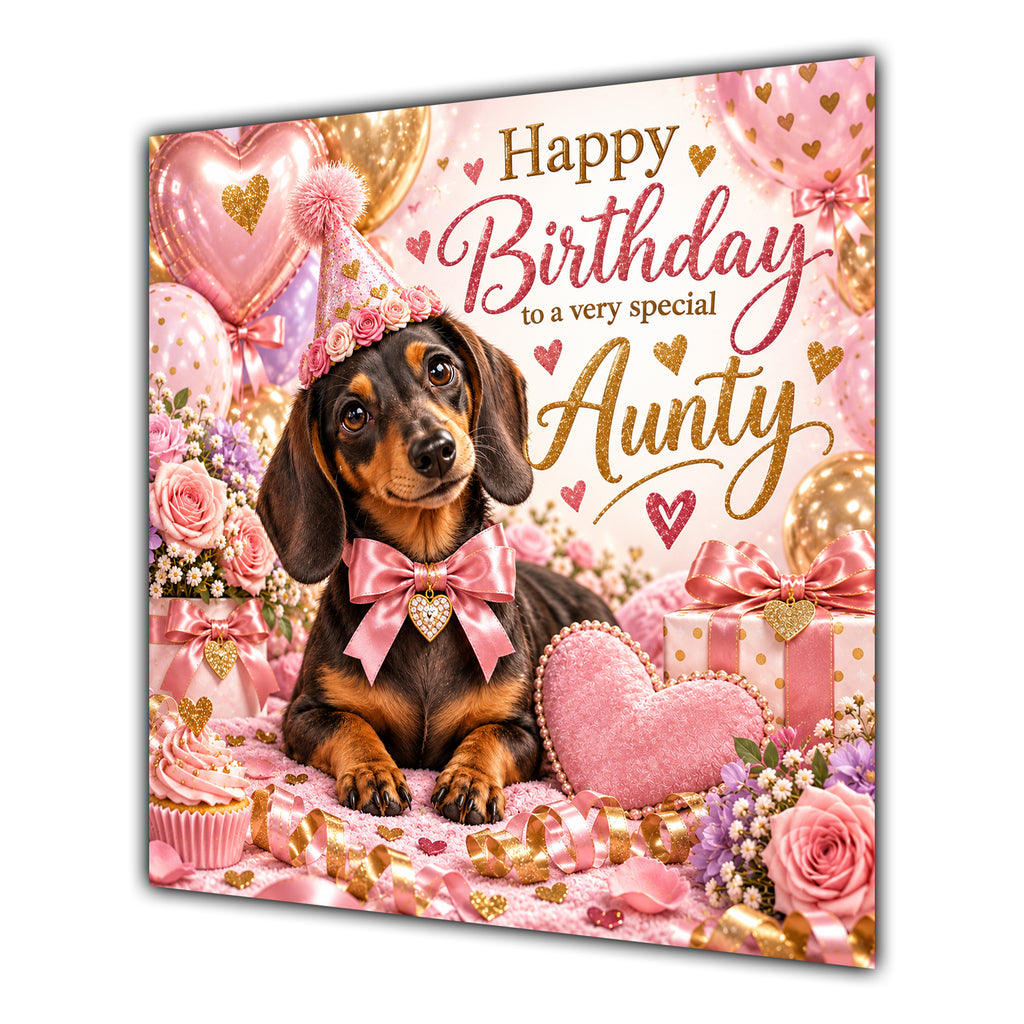 Aunty Birthday Card Dachshund Dog Pink Balloons