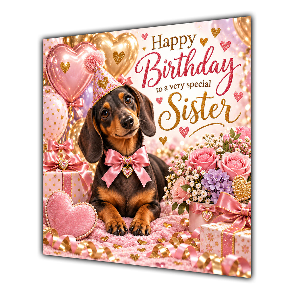 Sister Birthday Card Dachshund Dog Pink Balloons