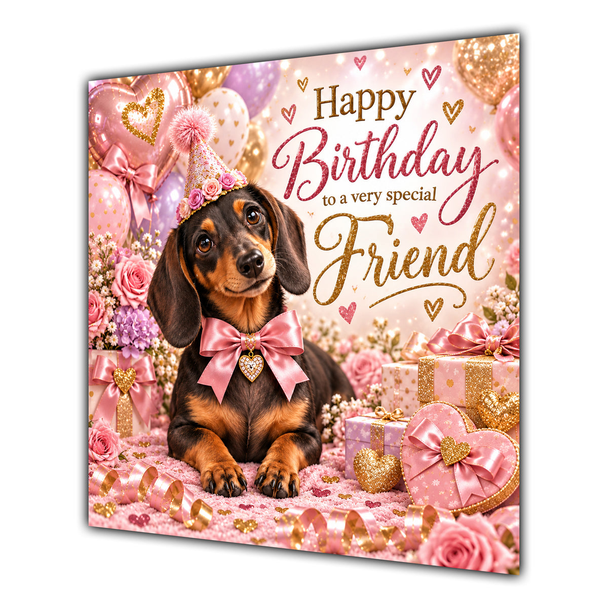 Friend Birthday Card Dachshund Dog Pink Balloons