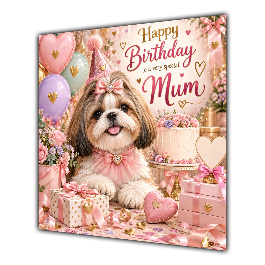 Mum Birthday Card Shih Tzu Dog Pink Balloons