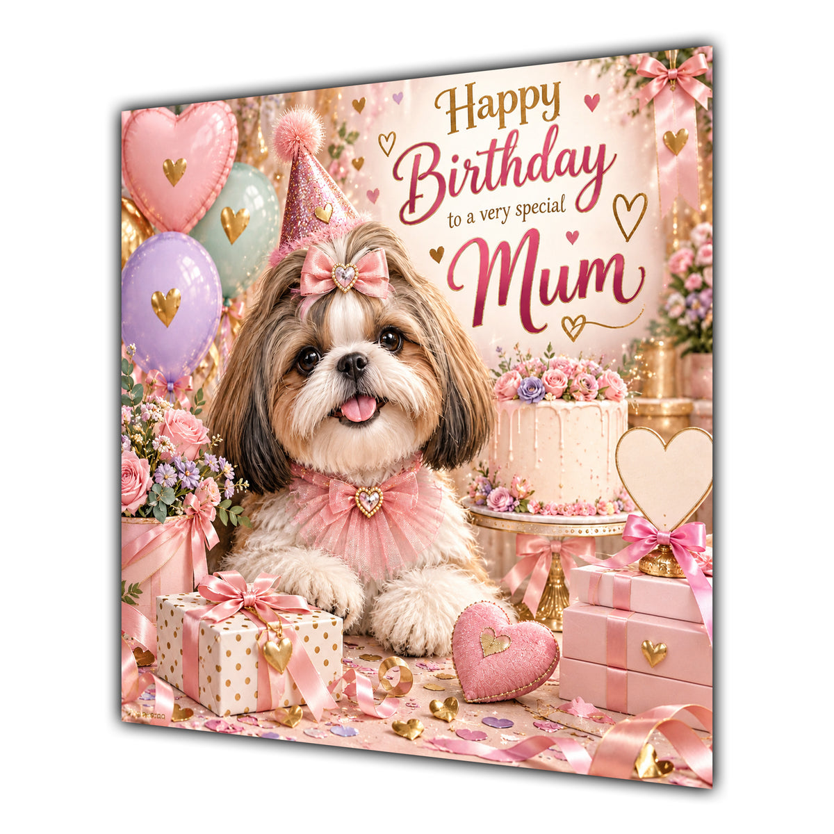 Mum Birthday Card Shih Tzu Dog Pink Balloons