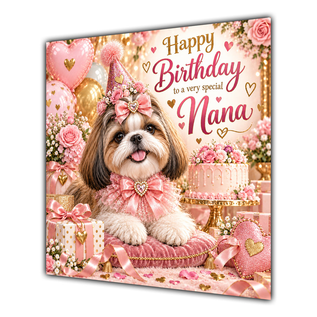 Nana Birthday Card Shih Tzu Dog Pink Balloons