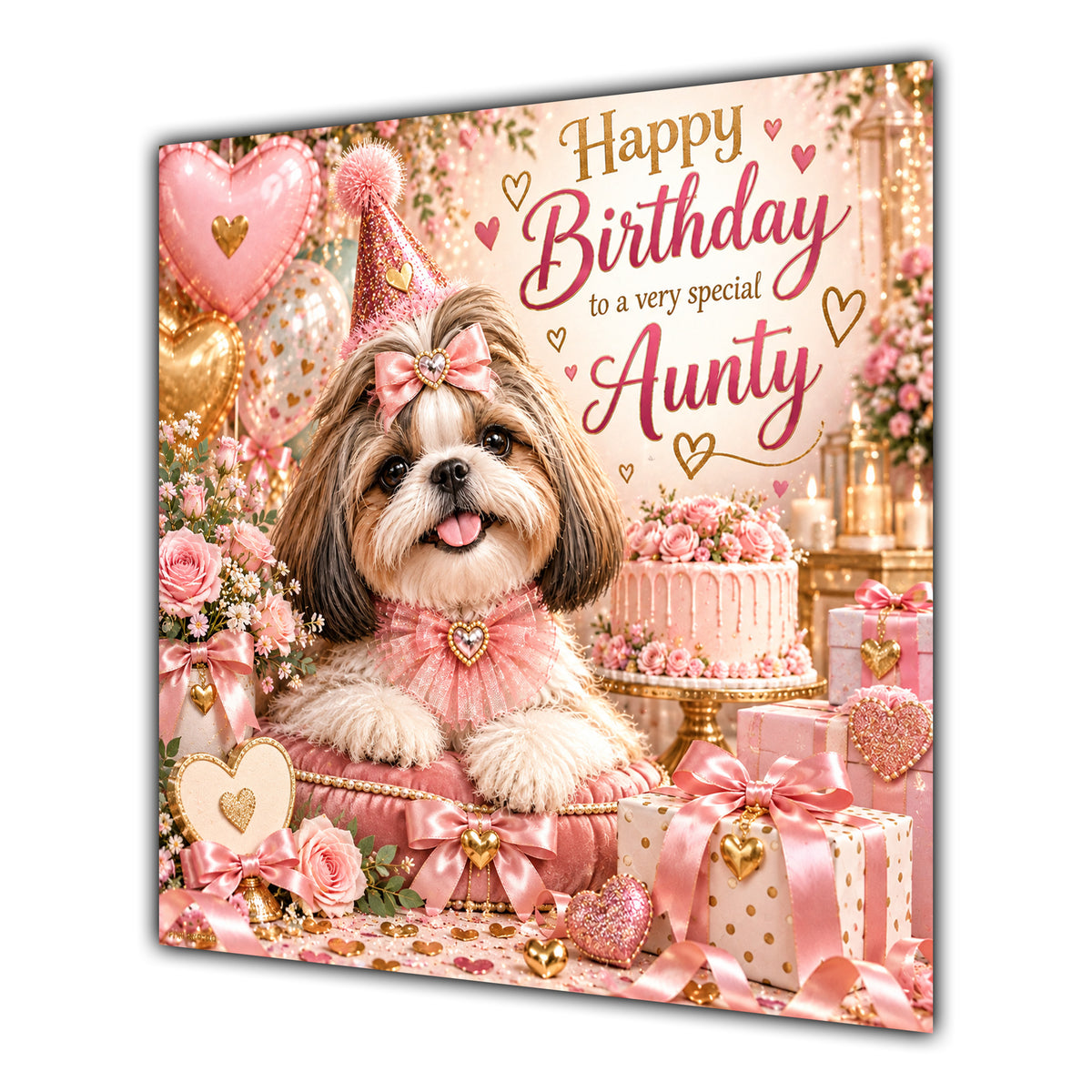 Aunty Birthday Card Shih Tzu Dog Pink Balloons