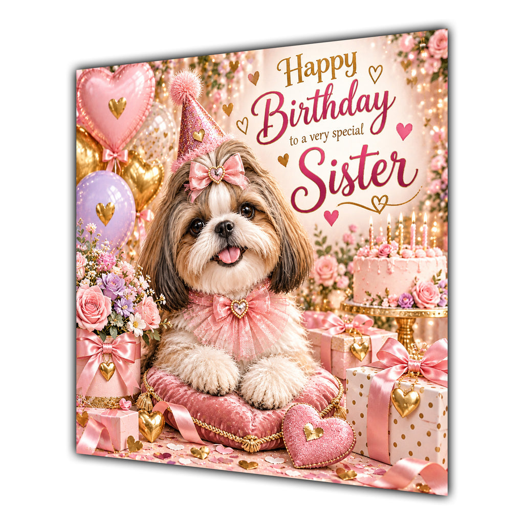 Sister Birthday Card Shih Tzu Dog Pink Balloons