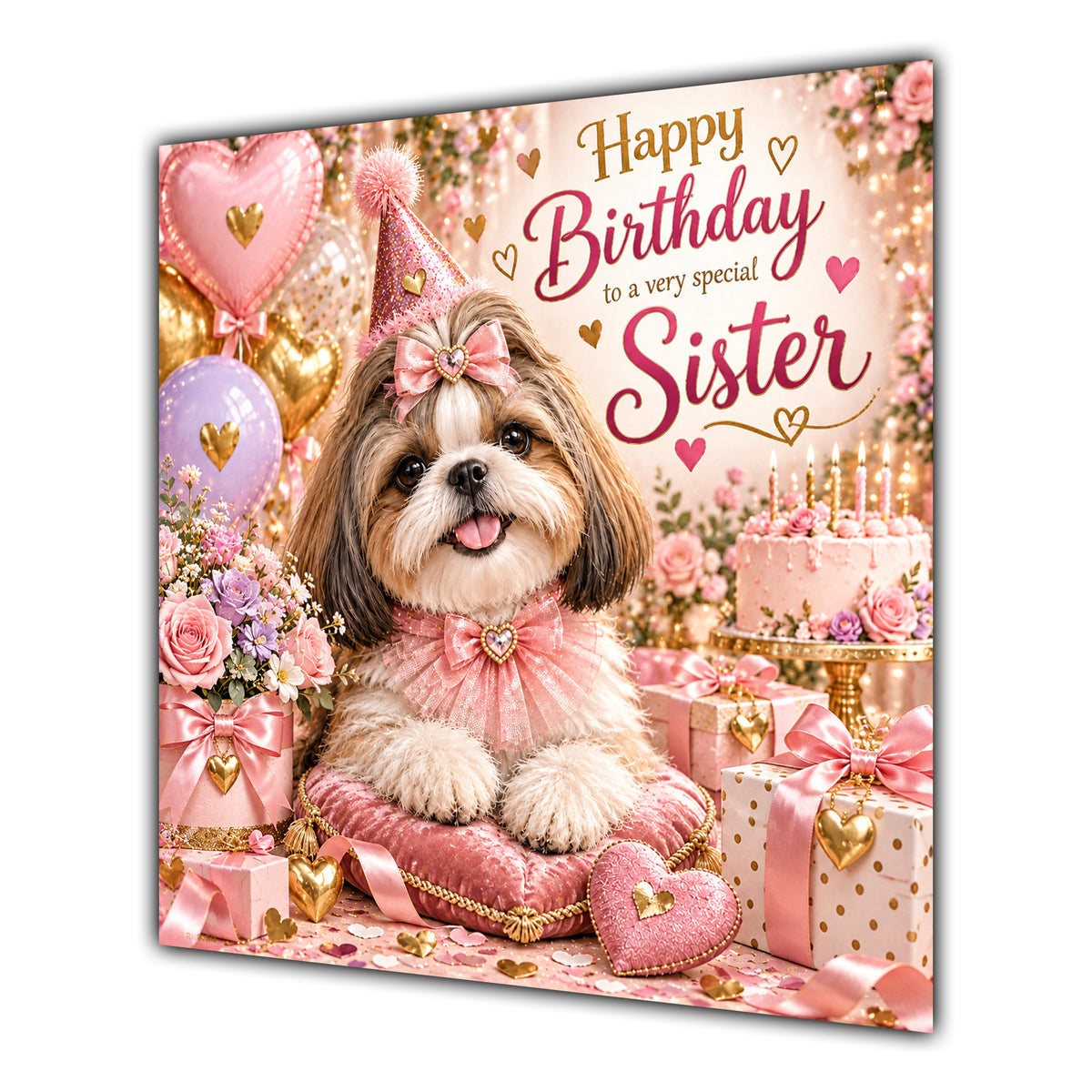 Sister Birthday Card Shih Tzu Dog Pink Balloons
