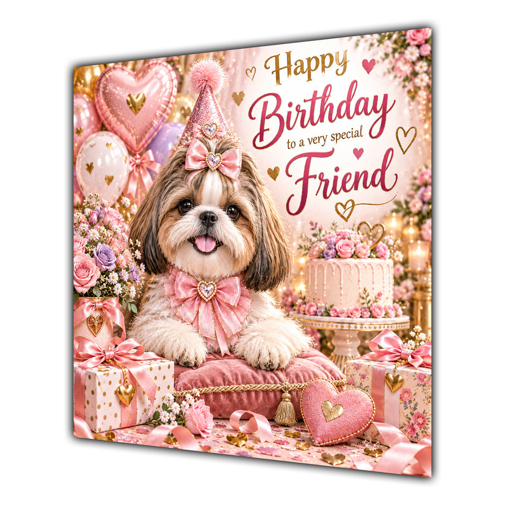 Friend Birthday Card Shih Tzu Dog Pink Balloons