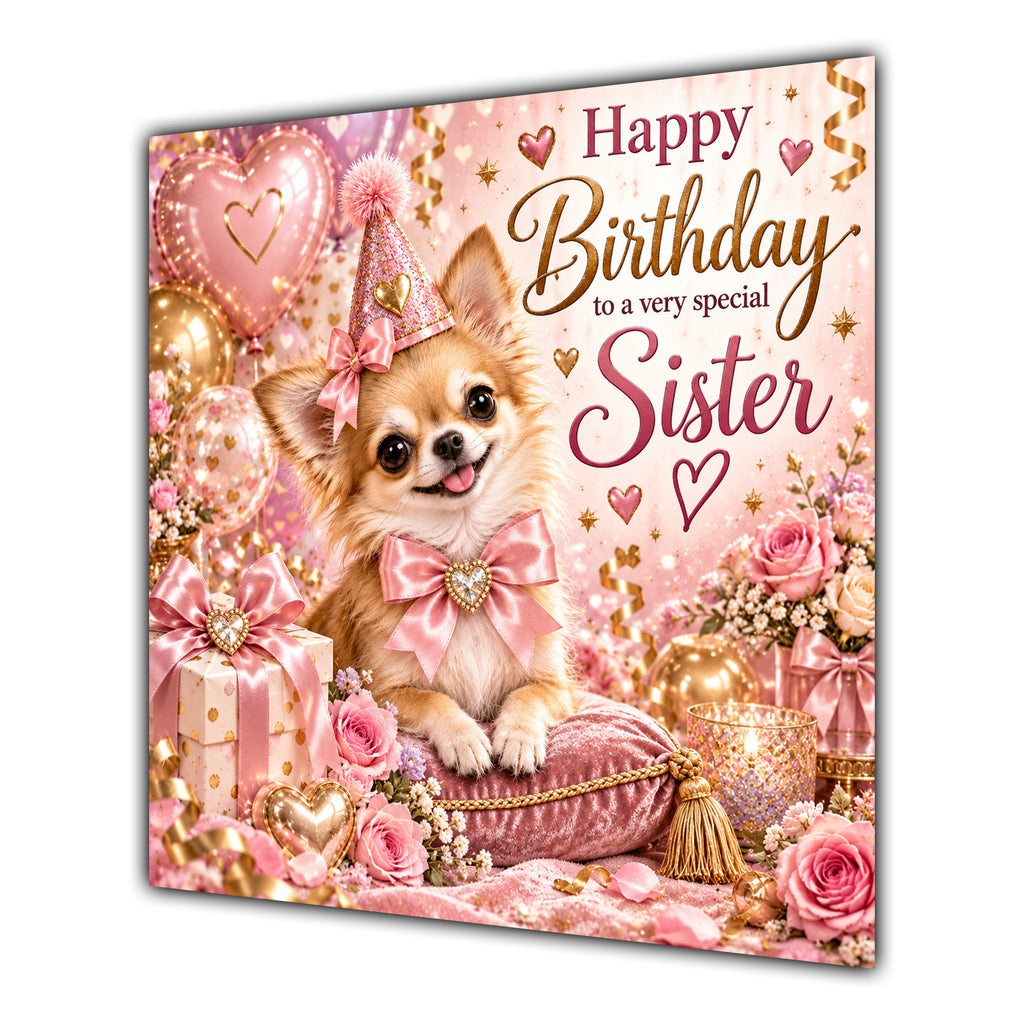 Sister Birthday Card Chihuahua Dog Pink Balloons