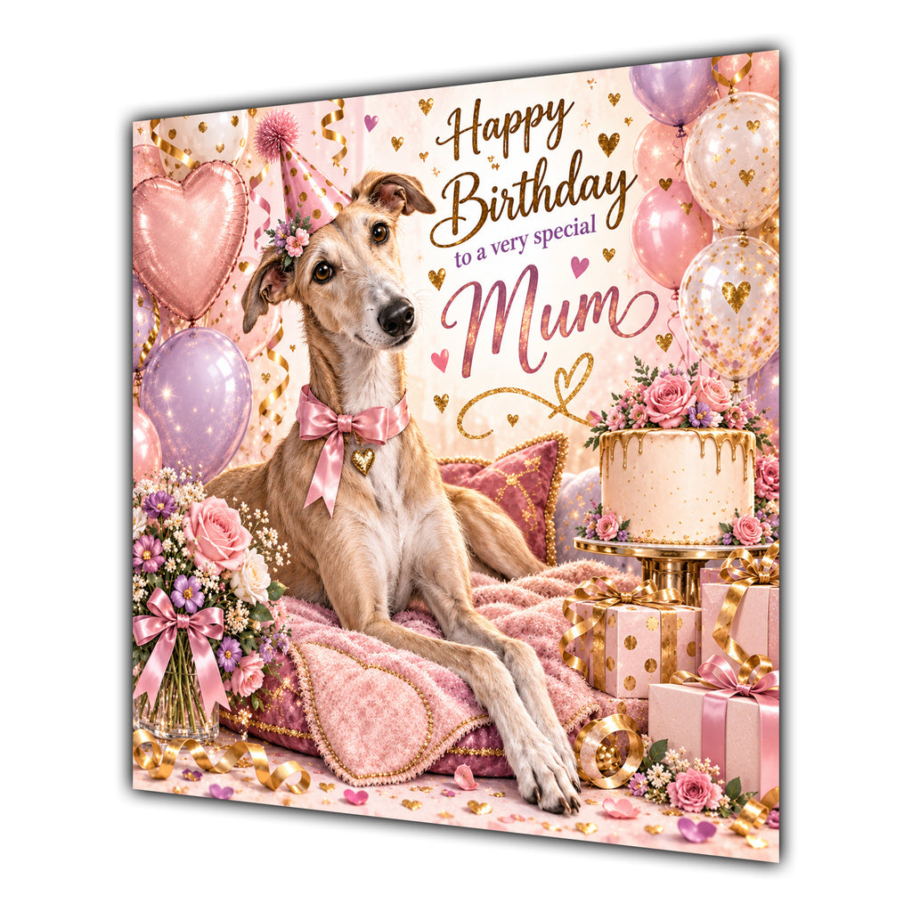 Mum Birthday Card Greyhound Dog Pink Balloons