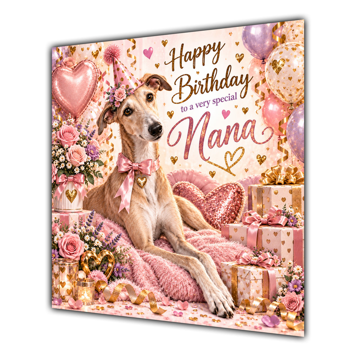 Nana Birthday Card Greyhound Dog Pink Balloons