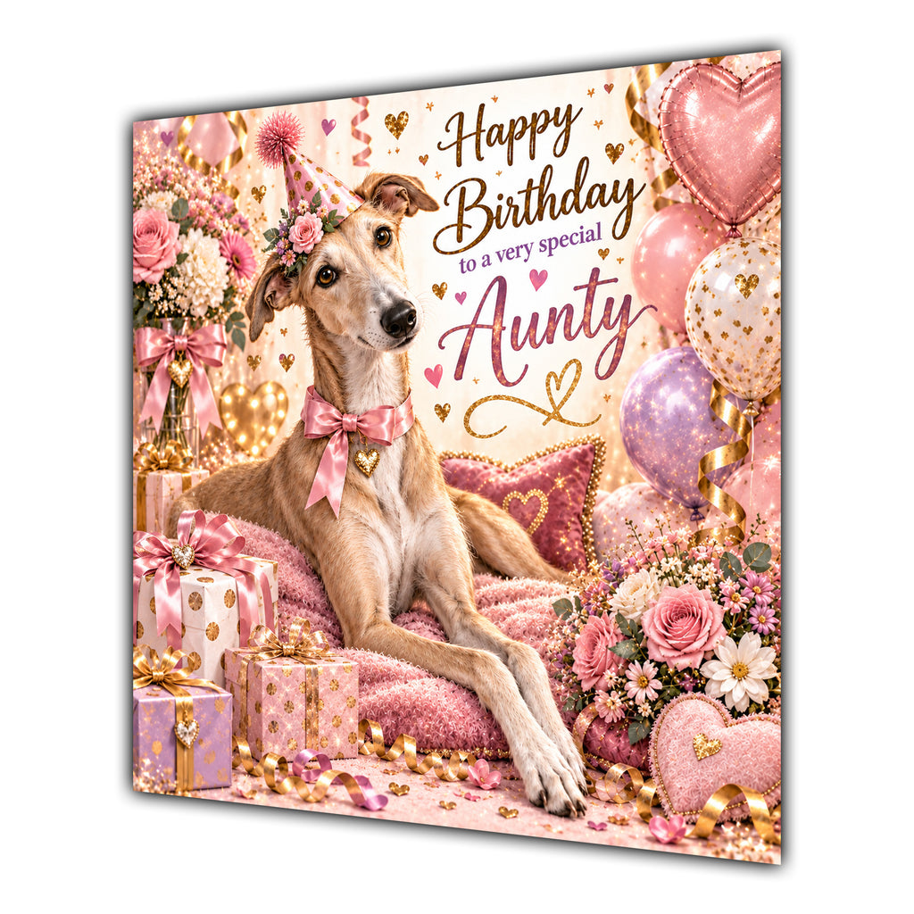 Aunty Birthday Card Greyhound Dog Pink Balloons