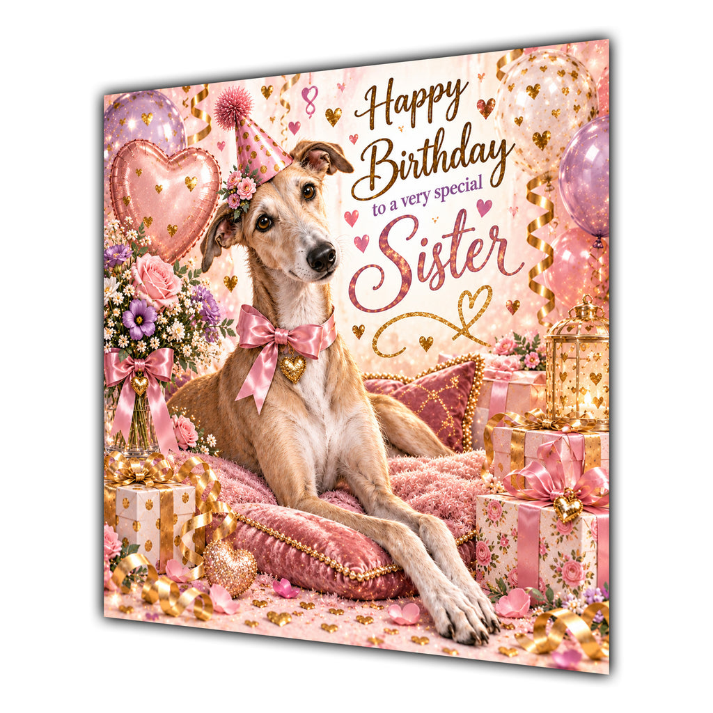 Sister Birthday Card Greyhound Dog Pink Balloons