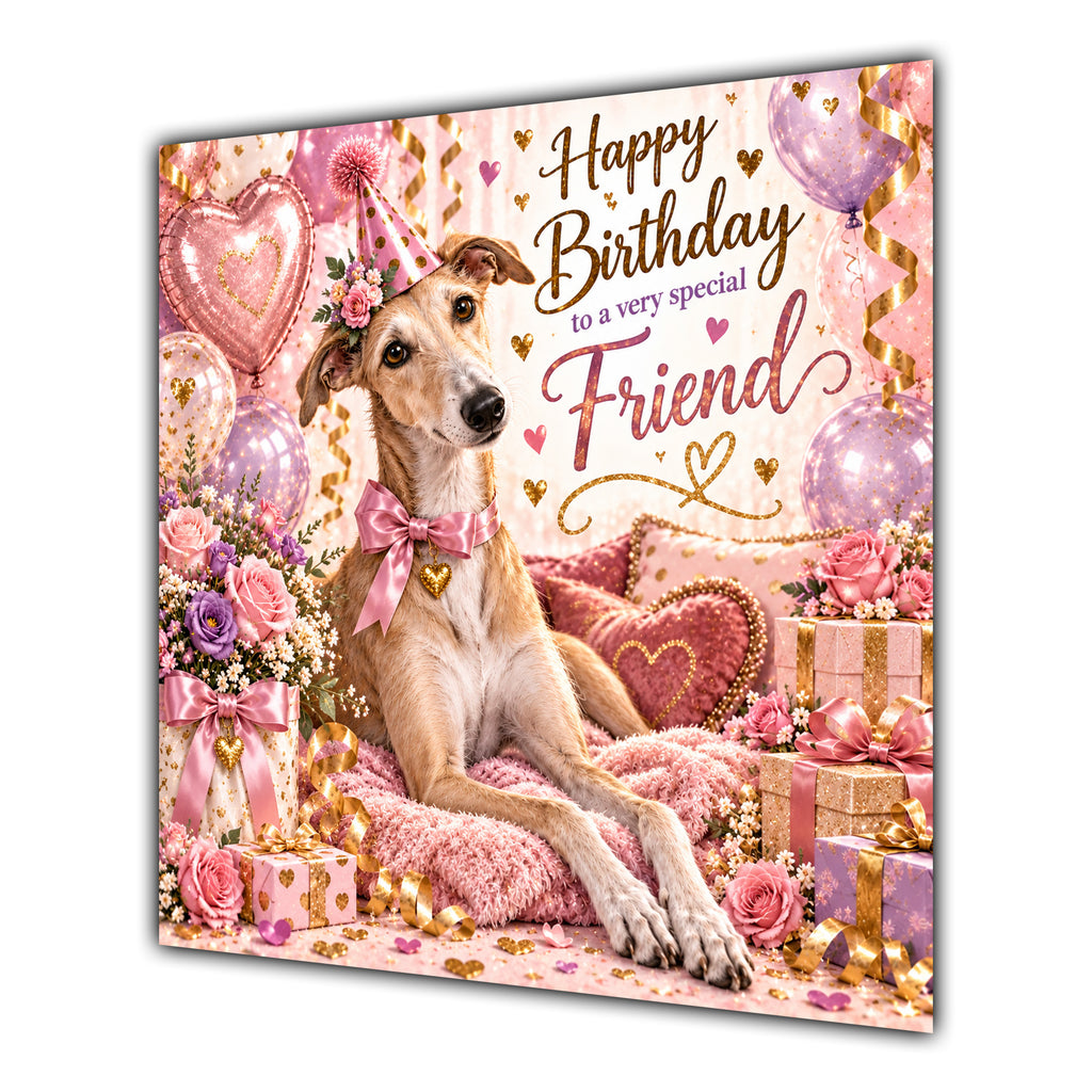 Friend Birthday Card Greyhound Dog Pink Balloons