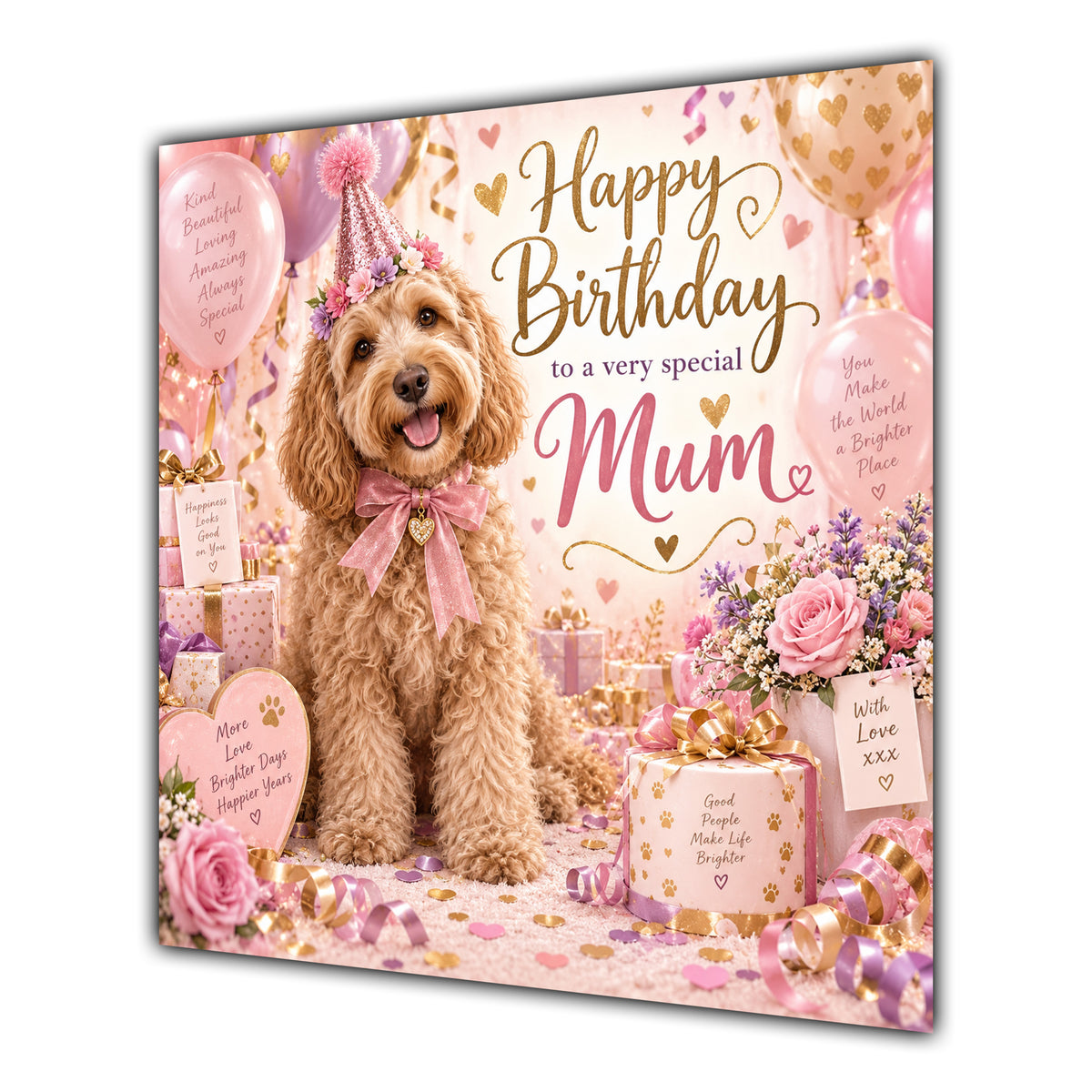 Mum Birthday Card Labradoodle Dog Pink Balloons