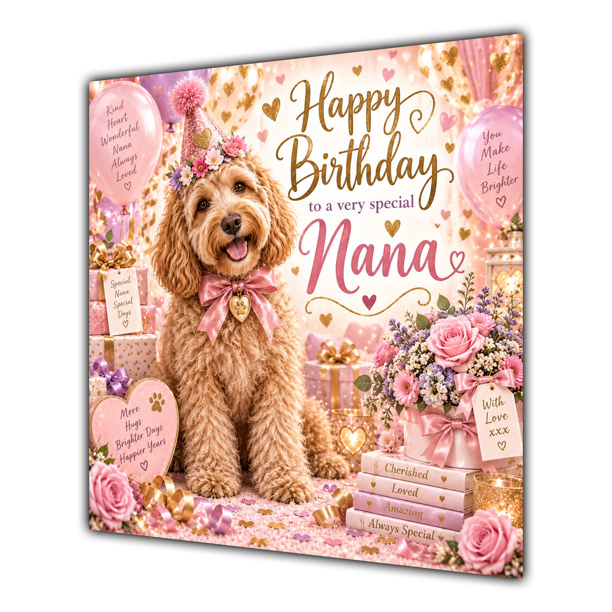 Nana Birthday Card Labradoodle Dog Pink Balloons