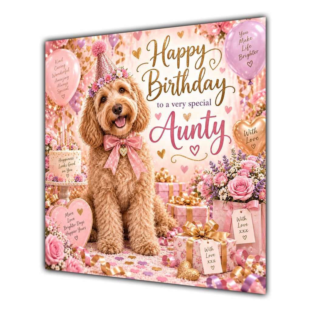 Aunty Birthday Card Labradoodle Dog Pink Balloons