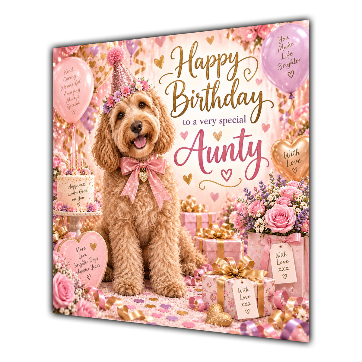 Aunty Birthday Card Labradoodle Dog Pink Balloons