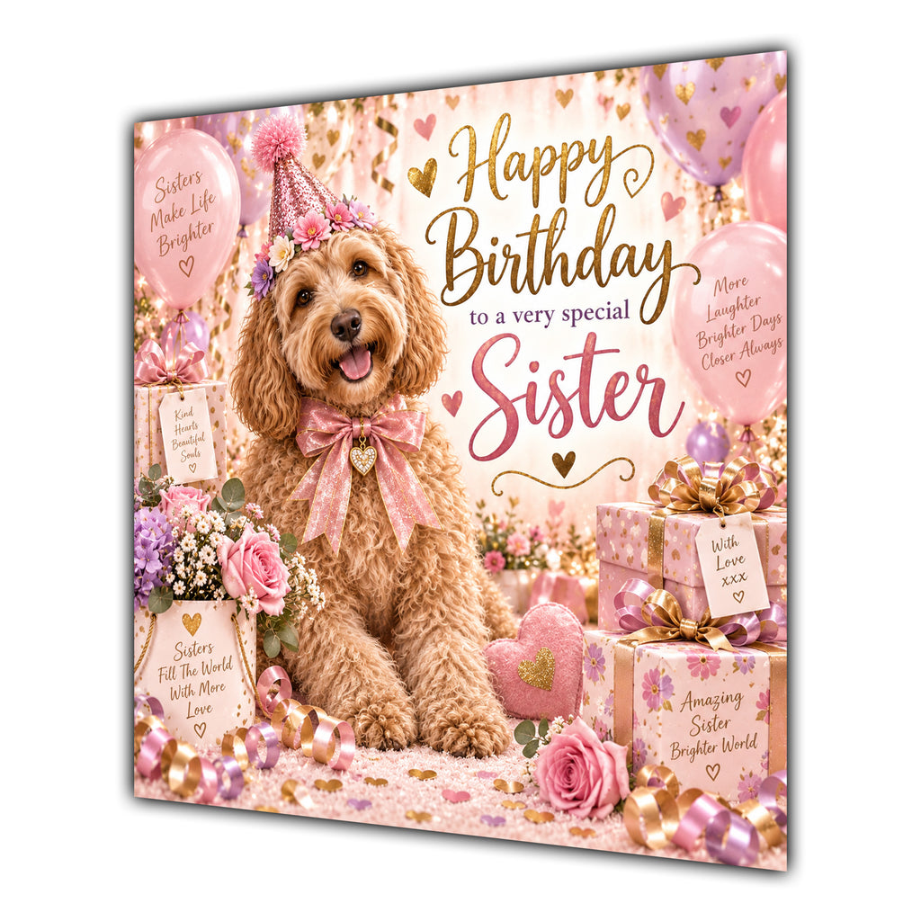 Sister Birthday Card Labradoodle Dog Pink Balloons